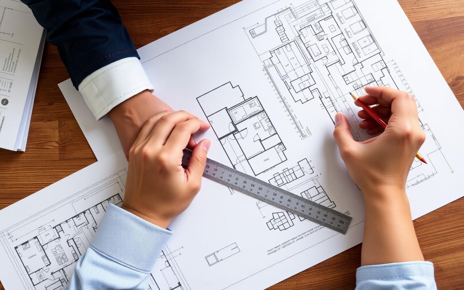 Plantas técnicas e instrumentos de desenho sobre mesa de trabalho